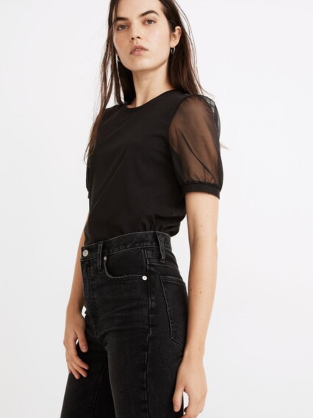 Madewell Sheer-Sleeve Knit Top Solid Black Size Small Women’s